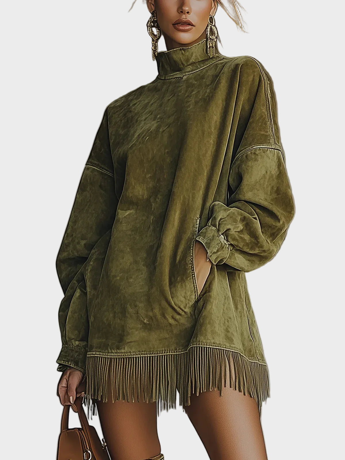 Vestido de ante sintético con cuello alto y flecos Corina, vista frontal