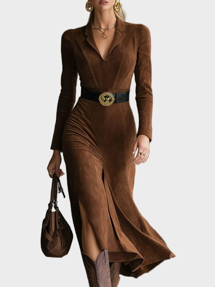 Vestido midi estilo oeste de ante sintético con cuello y abertura Soraya, vista frontal