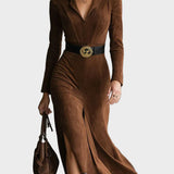 Vestido midi estilo oeste de ante sintético con cuello y abertura Soraya, vista frontal