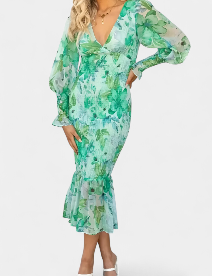 Carly Vestido Floral con Cintura Fruncida y Manga Larga
