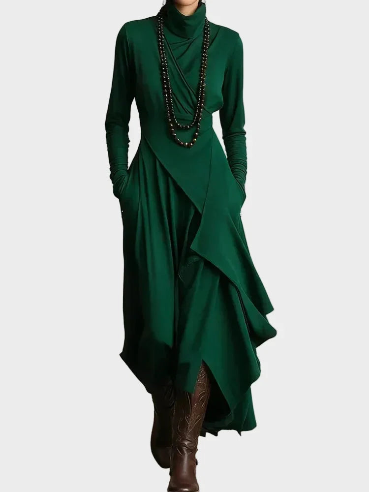 Vestido maxi asimétrico de punto con cuello alto Teresa, detalle del tejido