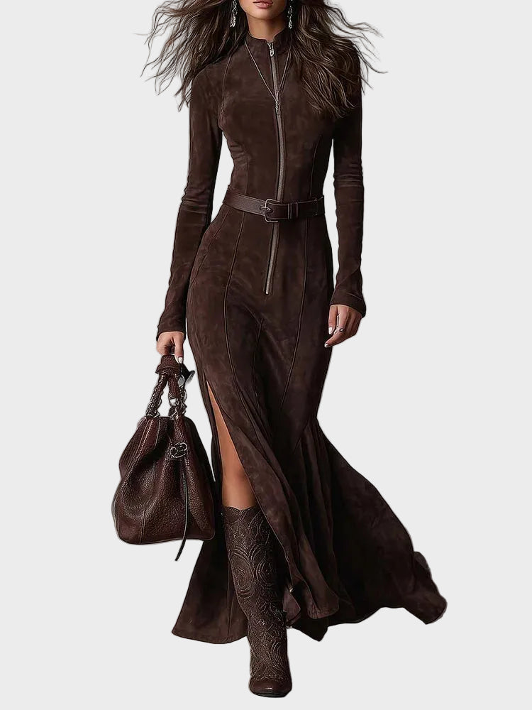 Vestido maxi de ante marrón con cinturón y cremallera Tania, vista frontal