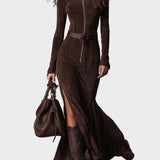 Vestido maxi de ante marrón con cinturón y cremallera Tania, vista frontal