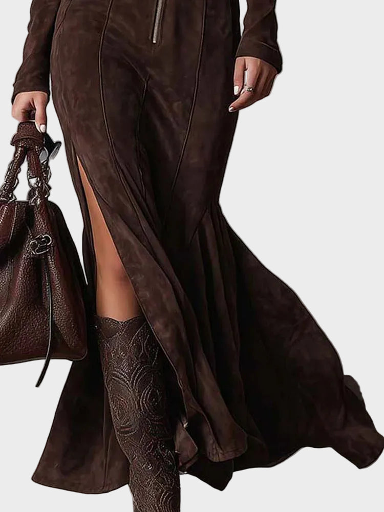 Vestido maxi de ante marrón con cinturón y cremallera Tania, detalle 1
