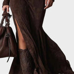 Vestido maxi de ante marrón con cinturón y cremallera Tania, detalle 1