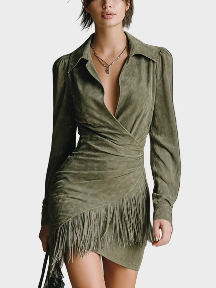 Vestido mini verde de viscosa con escote cruzado Edurne, vista posterior