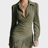 Vestido mini verde de viscosa con escote cruzado Edurne, vista posterior