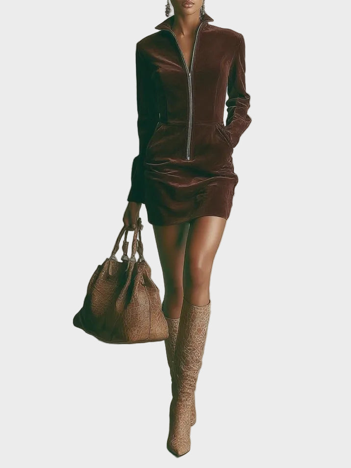 Vestido mini de ante marrón con cuello alto y cremallera Rosalía, vista posterior