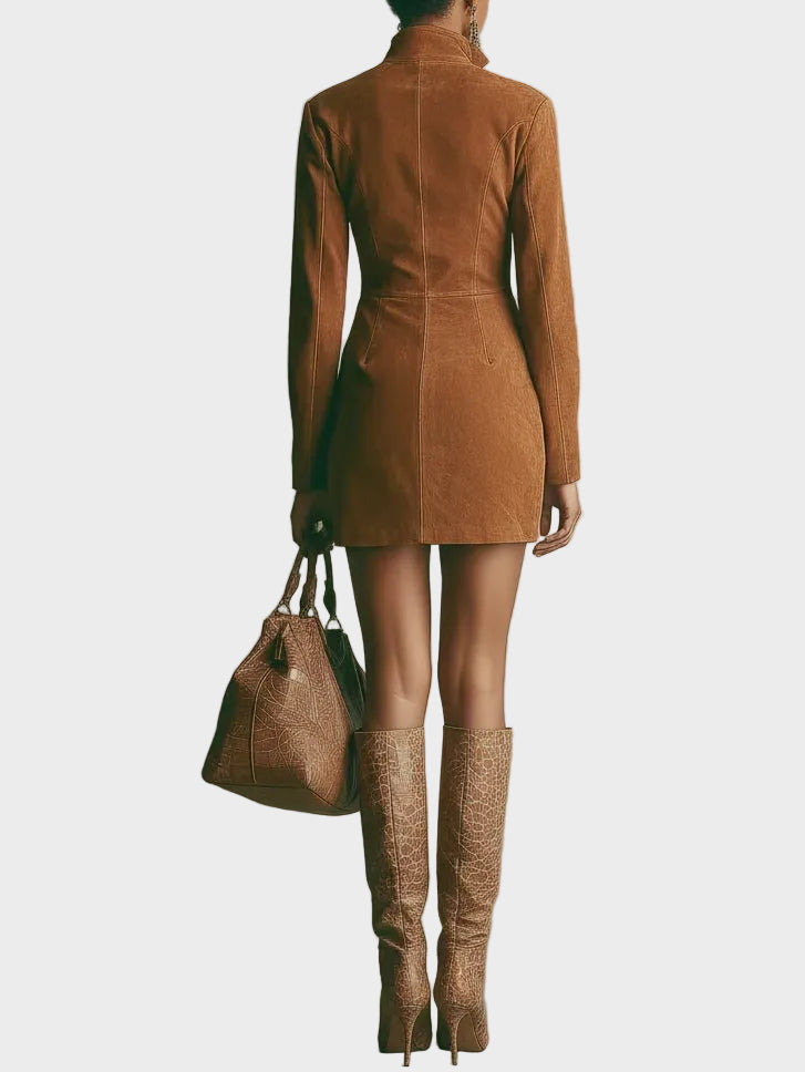 Vestido mini de ante marrón con cuello alto y cremallera Rosalía, detalle 2