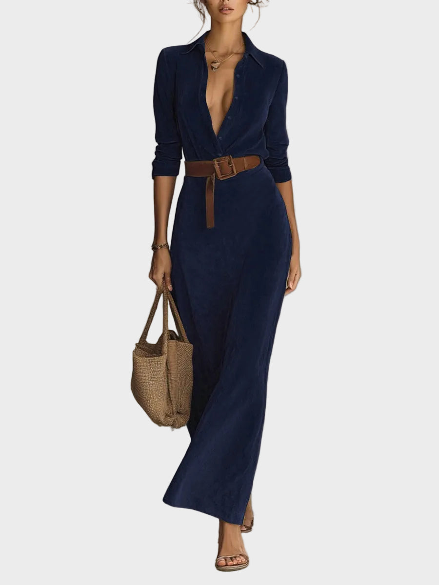 Vestido maxi de ante sintético con botón y cuello Fernanda, conjunto completo