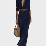 Vestido maxi de ante sintético con botón y cuello Fernanda, conjunto completo
