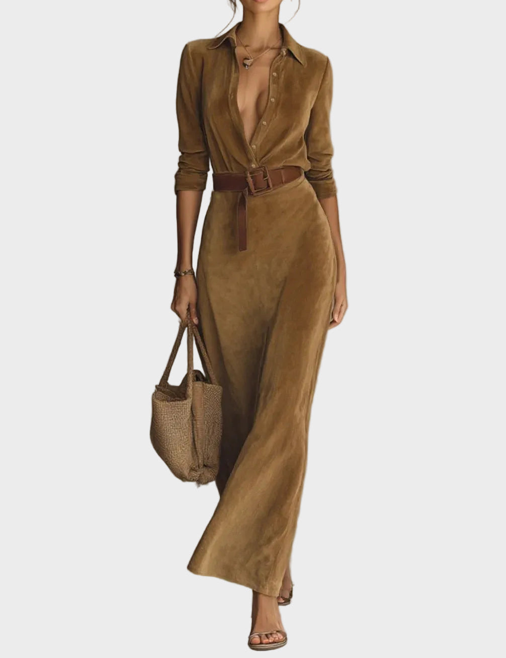 Vestido maxi de ante sintético con botón y cuello Fernanda, detalle del tejido