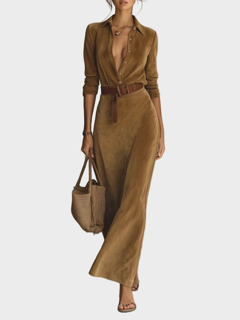 Vestido maxi de ante sintético con botón y cuello Fernanda, detalle del tejido