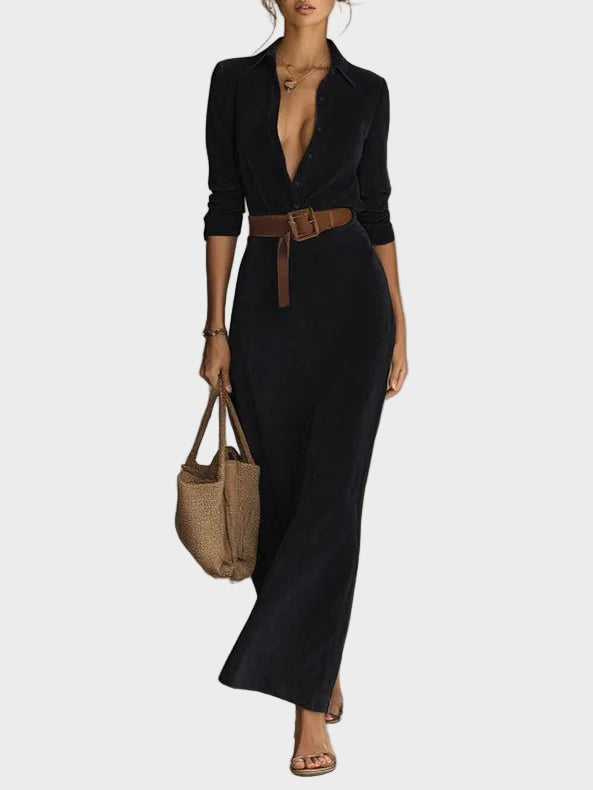 Vestido maxi de ante sintético con botón y cuello Fernanda, vista frontal