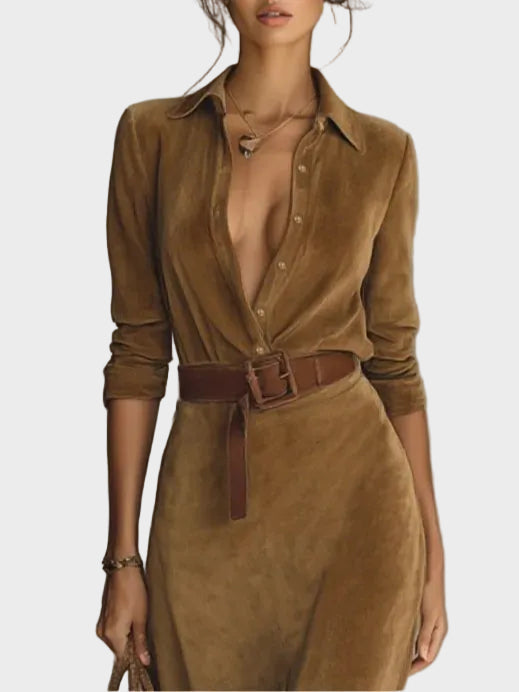 Vestido maxi de ante sintético con botón y cuello Fernanda, detalle 1