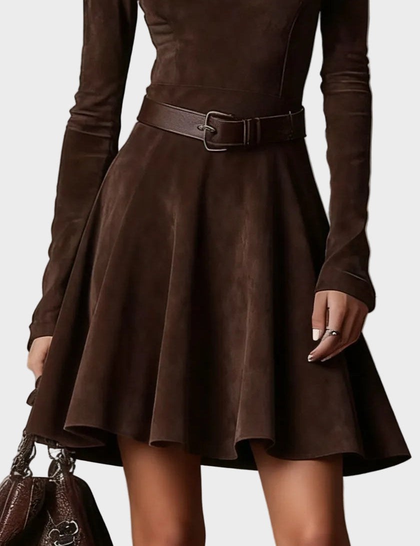 Vestido vintage de ante marrón oscuro con cuello alto Laia, vista frontal