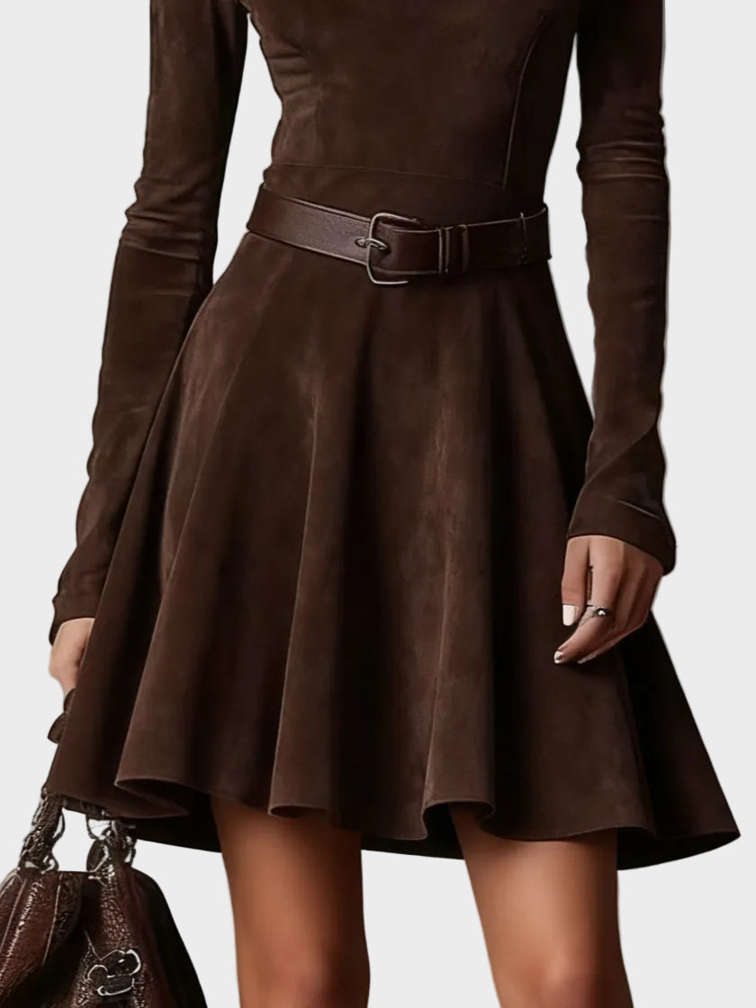 Vestido vintage de ante marrón oscuro con cuello alto Laia, vista frontal