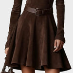 Vestido vintage de ante marrón oscuro con cuello alto Laia, vista frontal