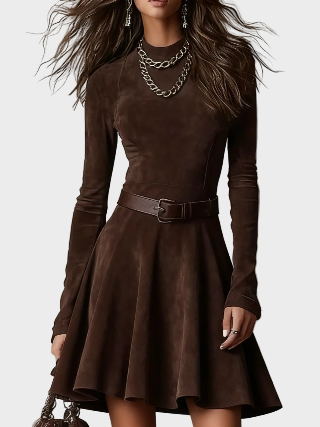 Vestido vintage de ante marrón oscuro con cuello alto Laia, detalle del tejido