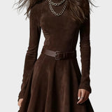 Vestido vintage de ante marrón oscuro con cuello alto Laia, detalle del tejido
