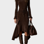 Vestido midi elegante de ante marrón oscuro con lazo Josefina, vista frontal