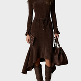 Vestido midi elegante de ante marrón oscuro con lazo Josefina, vista frontal