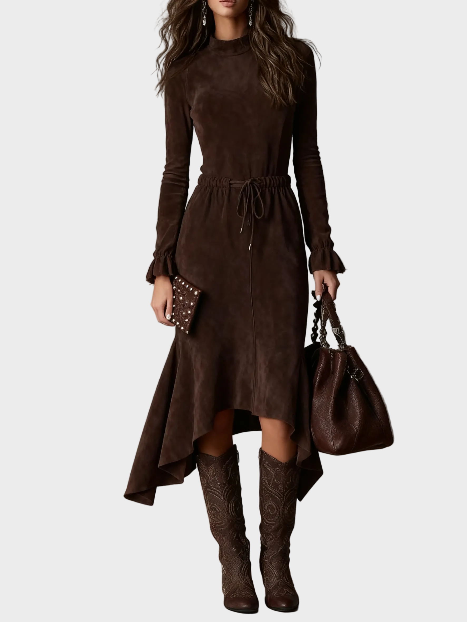 Vestido midi elegante de ante marrón oscuro con lazo Josefina, vista frontal
