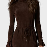 Vestido midi elegante de ante marrón oscuro con lazo Josefina, vista posterior