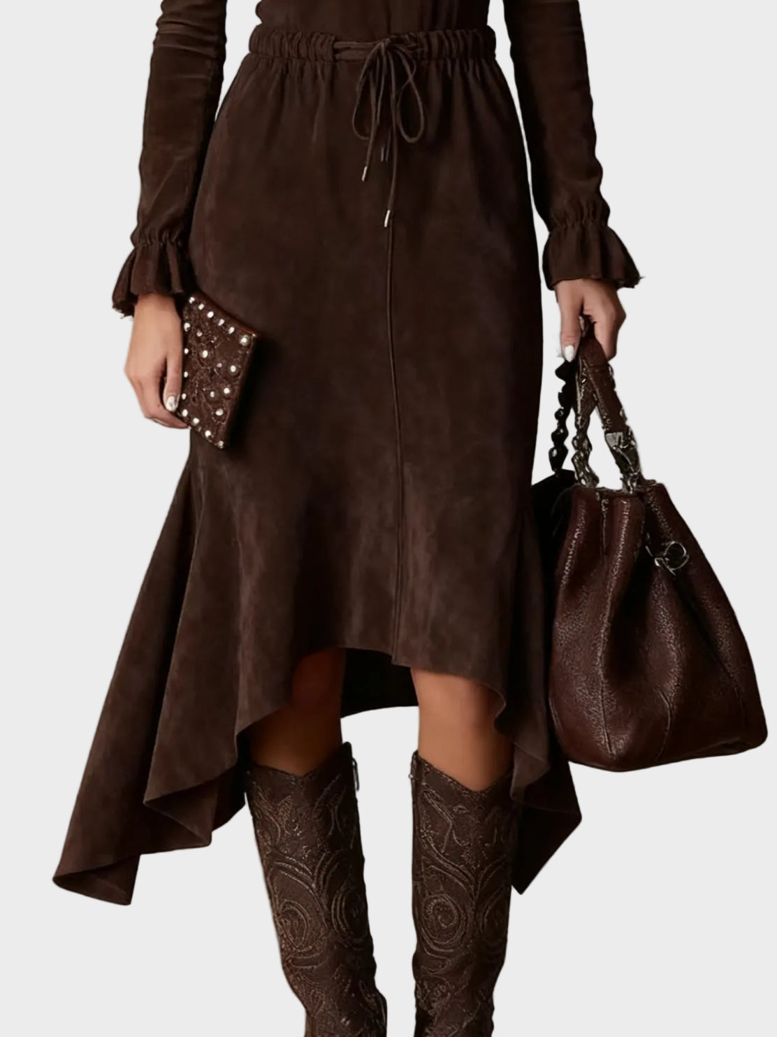 Vestido midi elegante de ante marrón oscuro con lazo Josefina, detalle del tejido