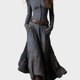 Vestido maxi de ante azul marino con cinturón Helena, conjunto completo