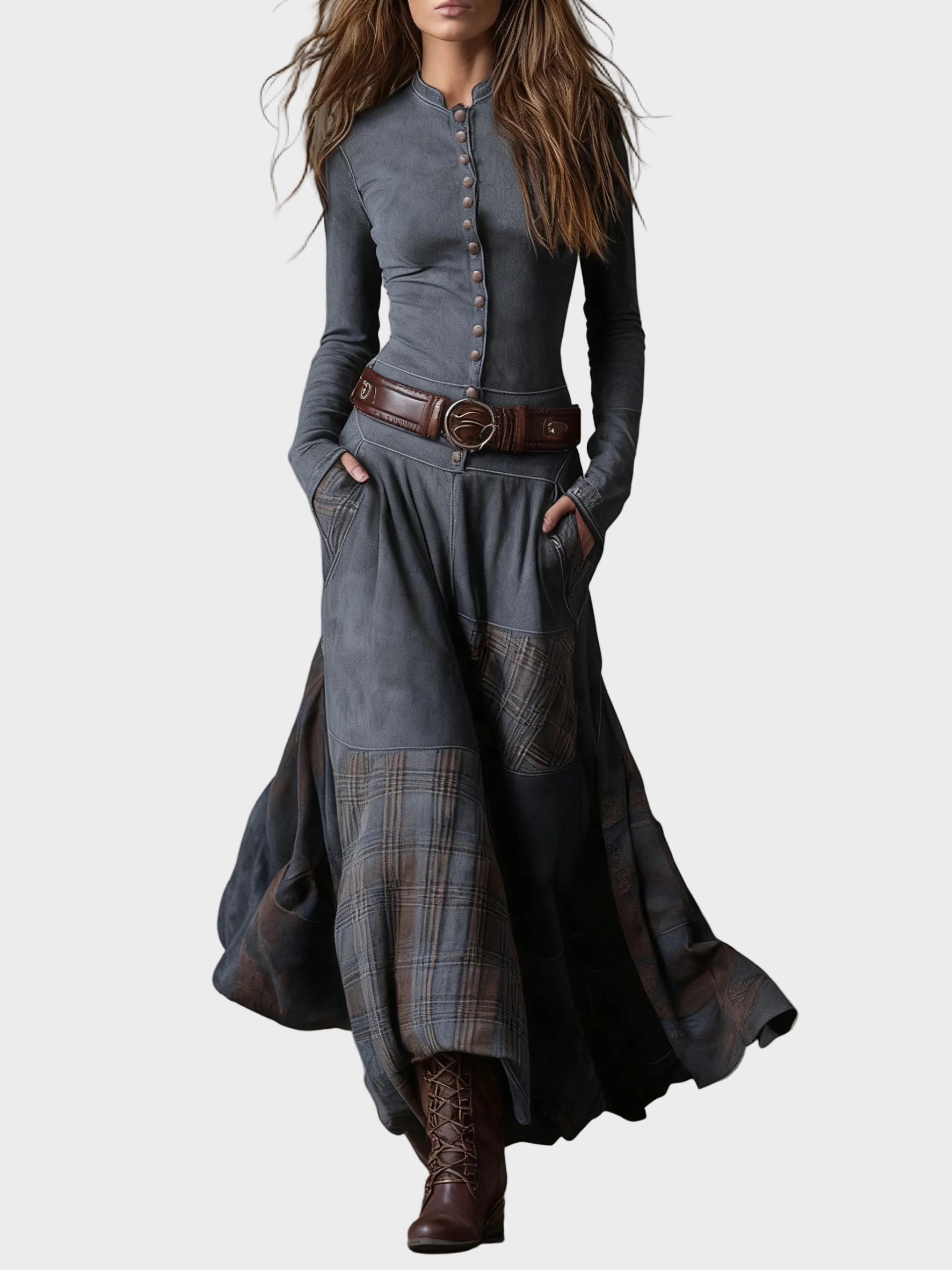 Vestido maxi de ante azul marino con cinturón Helena, conjunto completo