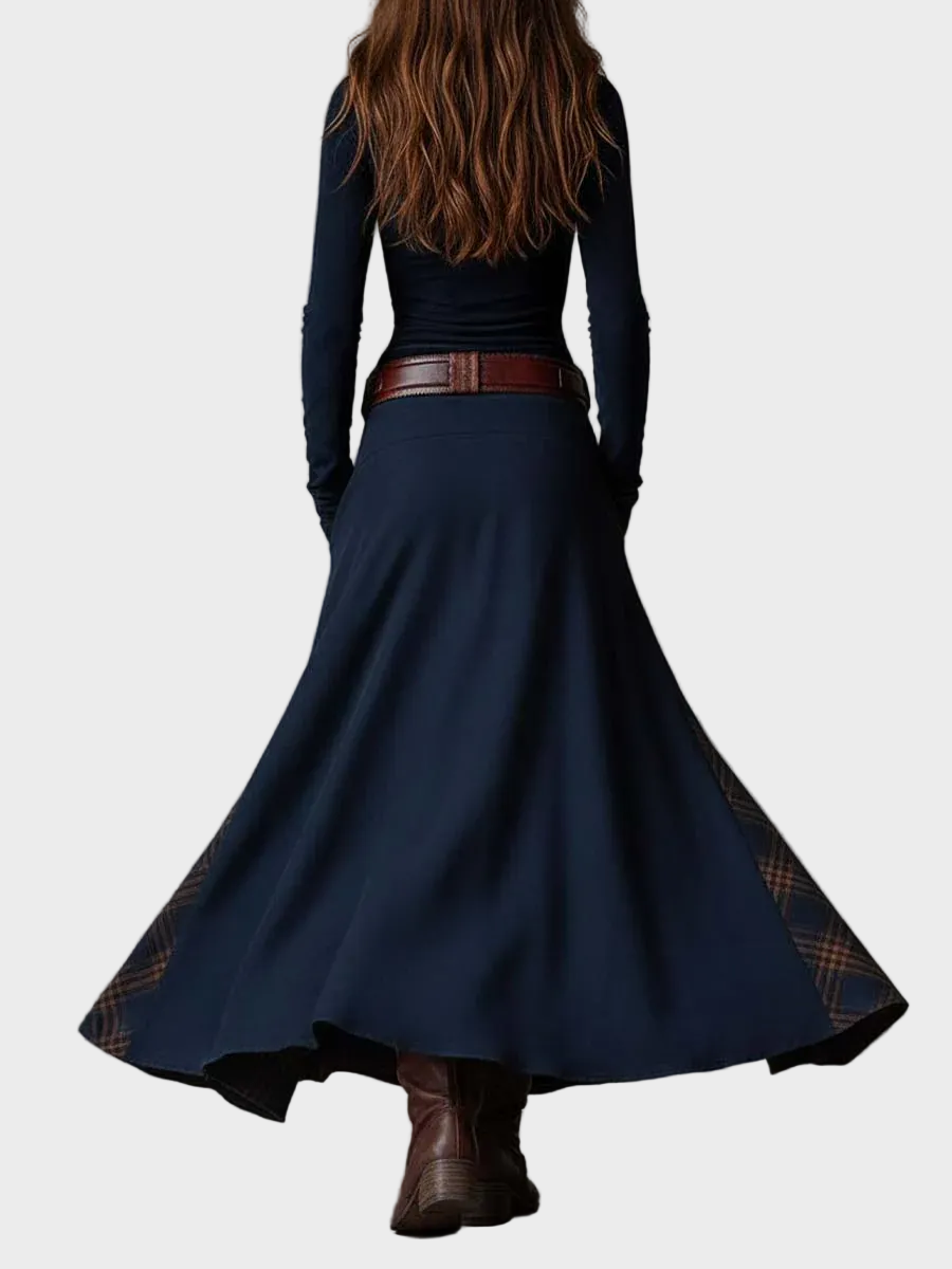 Vestido maxi de ante azul marino con cinturón Helena, detalle 6