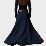 Vestido maxi de ante azul marino con cinturón Helena, detalle 6