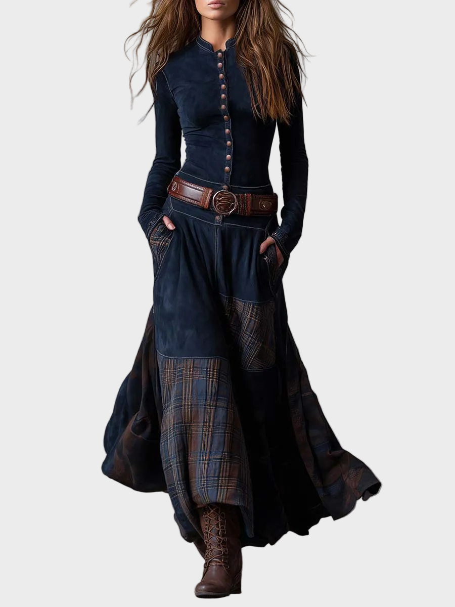 Vestido maxi de ante azul marino con cinturón Helena, vista frontal