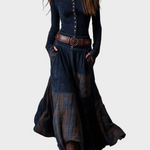 Vestido maxi de ante azul marino con cinturón Helena, vista frontal
