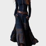 Vestido maxi de ante azul marino con cinturón Helena, vista frontal