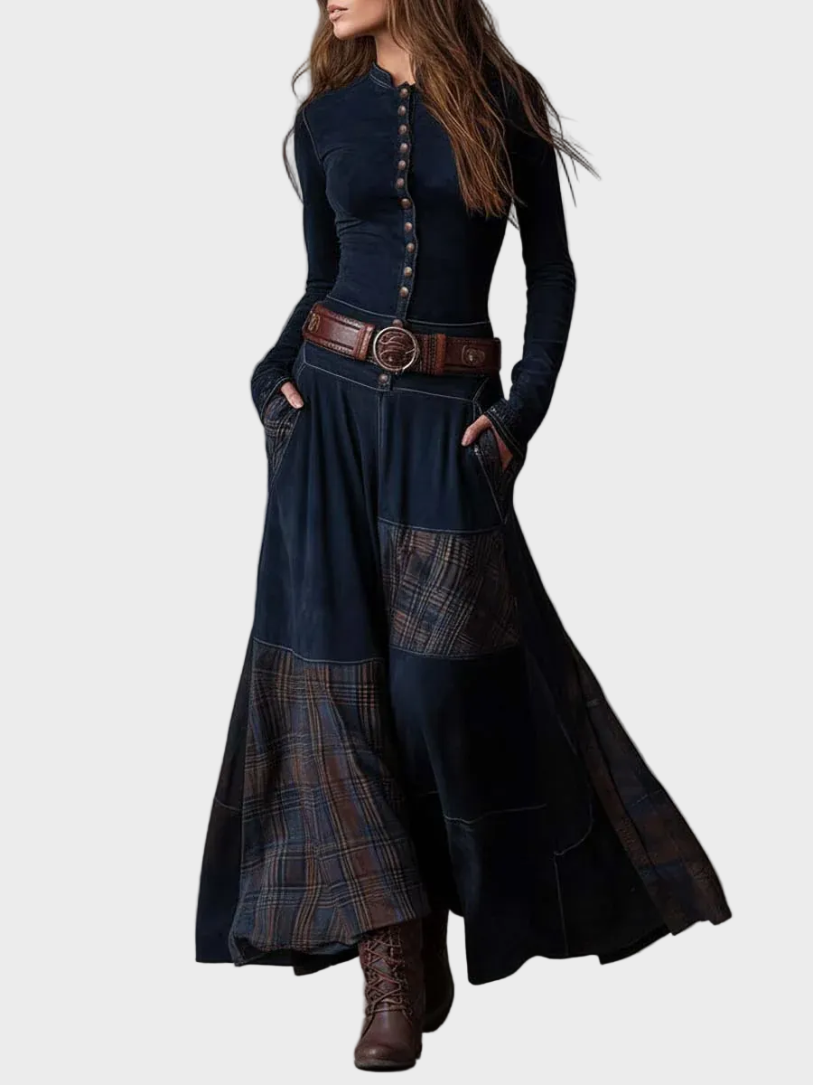 Vestido maxi de ante azul marino con cinturón Helena, detalle 2