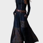 Vestido maxi de ante azul marino con cinturón Helena, detalle 2