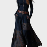 Vestido maxi de ante azul marino con cinturón Helena, detalle 2