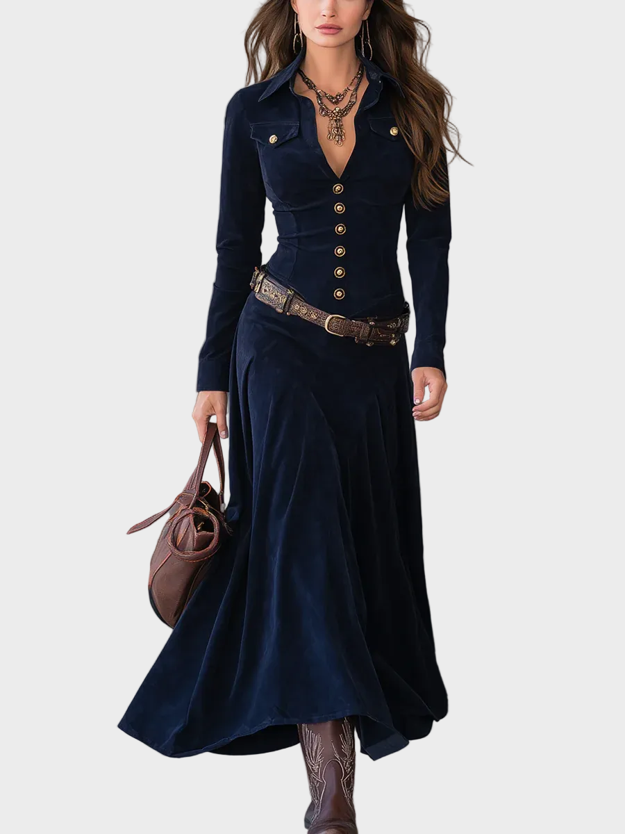 Vestido maxi de ante con cinturón Casandra, vista frontal