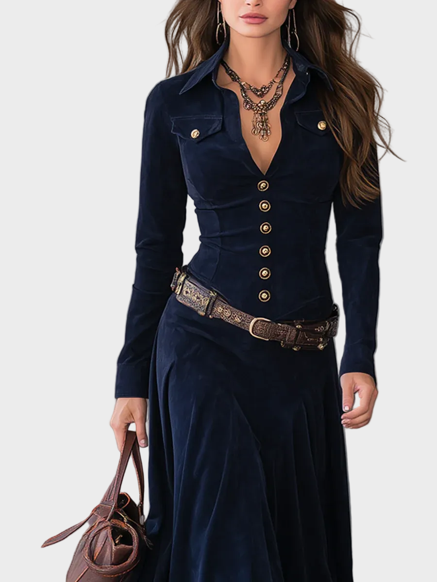 Vestido maxi de ante con cinturón Casandra, vista posterior