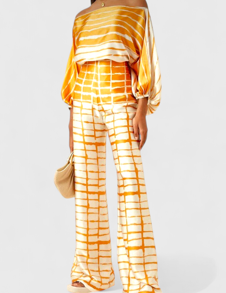 Sybella Conjunto Estampado de Dos Piezas con Pantalones de Pierna Ancha