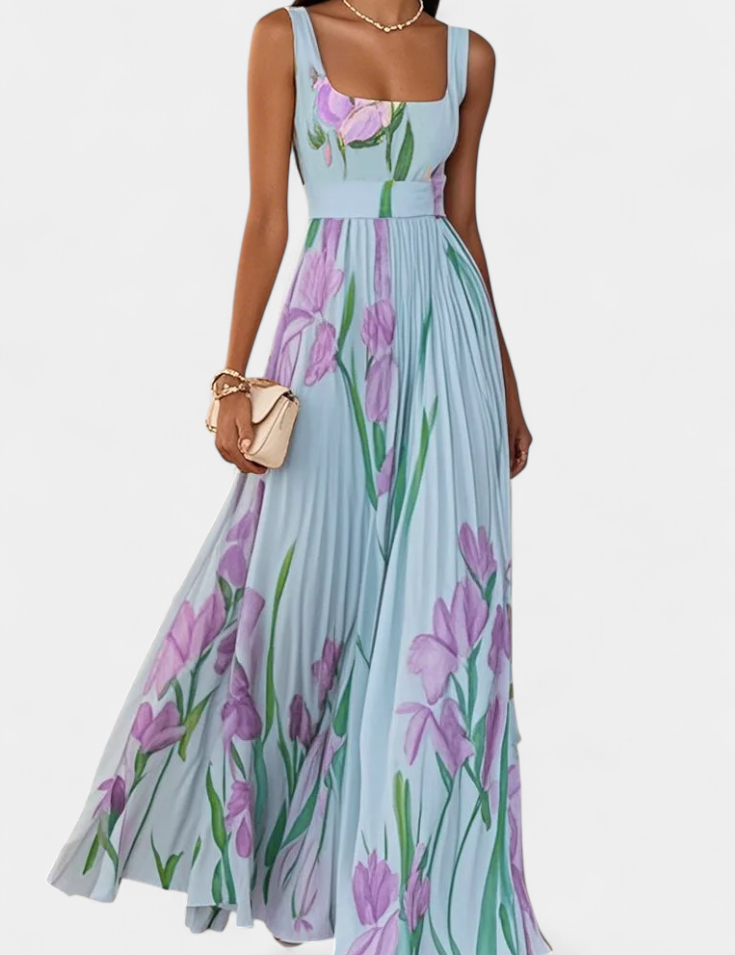 Calanthe Vestido Largo Floral Plisado con Escote Cuadrado