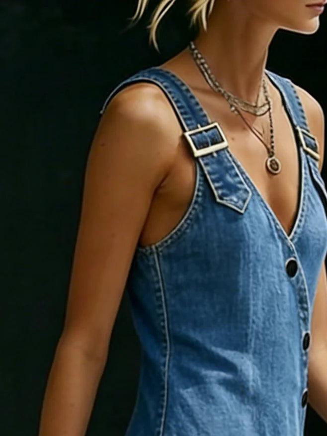 Vestido largo vaquero con botones Vera, detalle del tejido