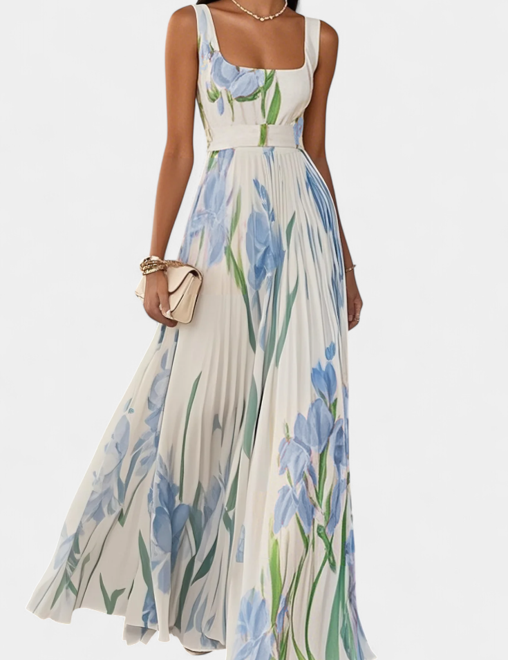 Calanthe Vestido Largo Floral Plisado con Escote Cuadrado