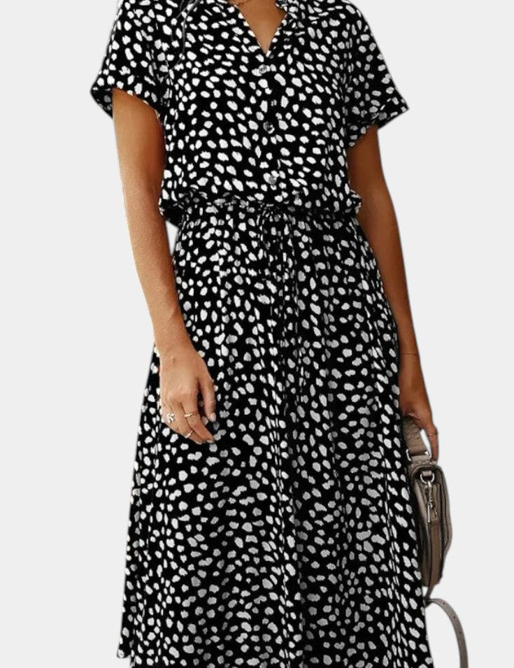 Rovena Vestido Midi de Lunares con Cuello Camisero y Cintura Ajustable