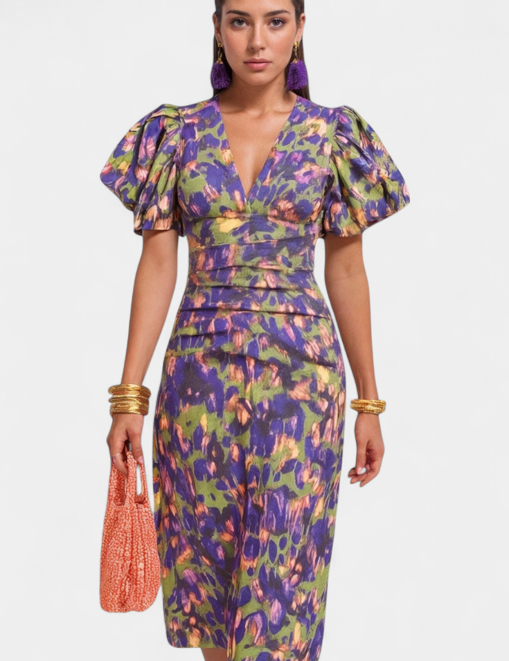 Wibia Vestido Estampado con Mangas Volumen y Fruncido