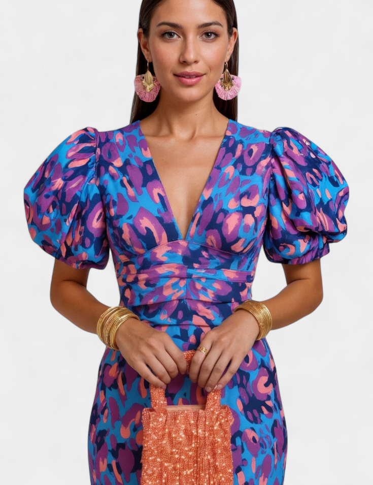 Wibia Vestido Estampado con Mangas Volumen y Fruncido