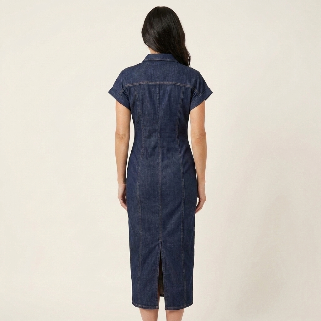 Vestido midi vaquero ajustado con botones delanteros Justina, vista posterior