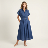 Vestido midi vaquero con botones y cinturón Juliana, detalle del tejido